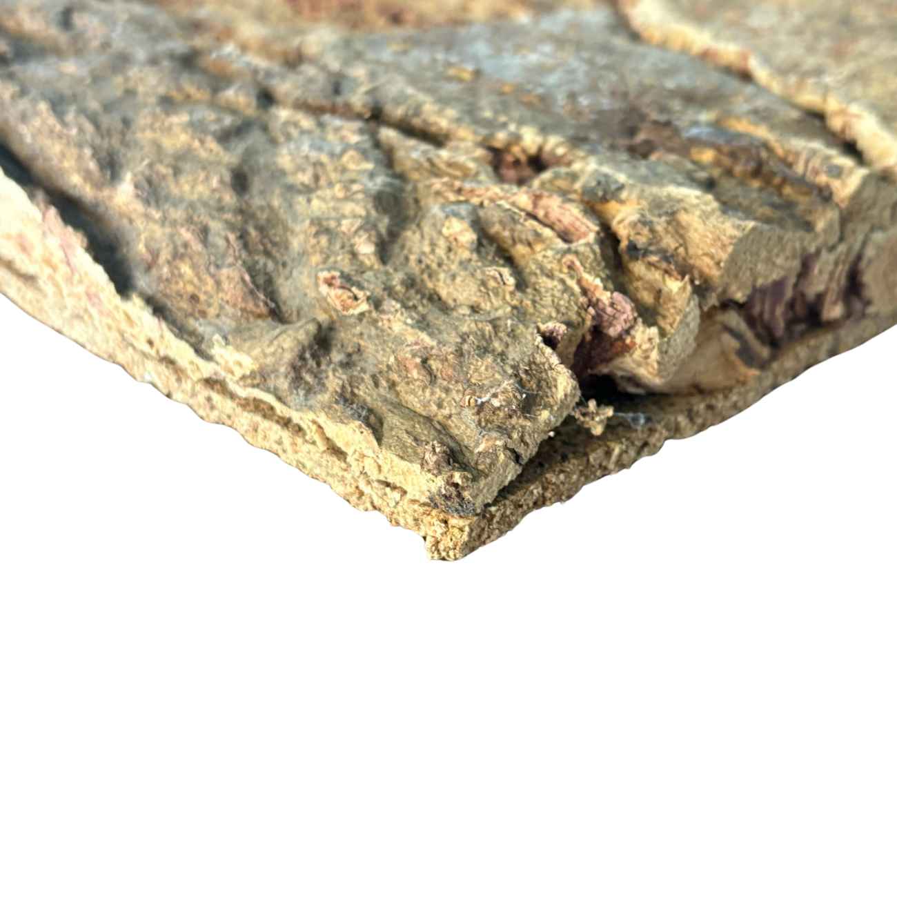 Corner view close up of Arizona cork wall tile featuring rough textured cork belly bark