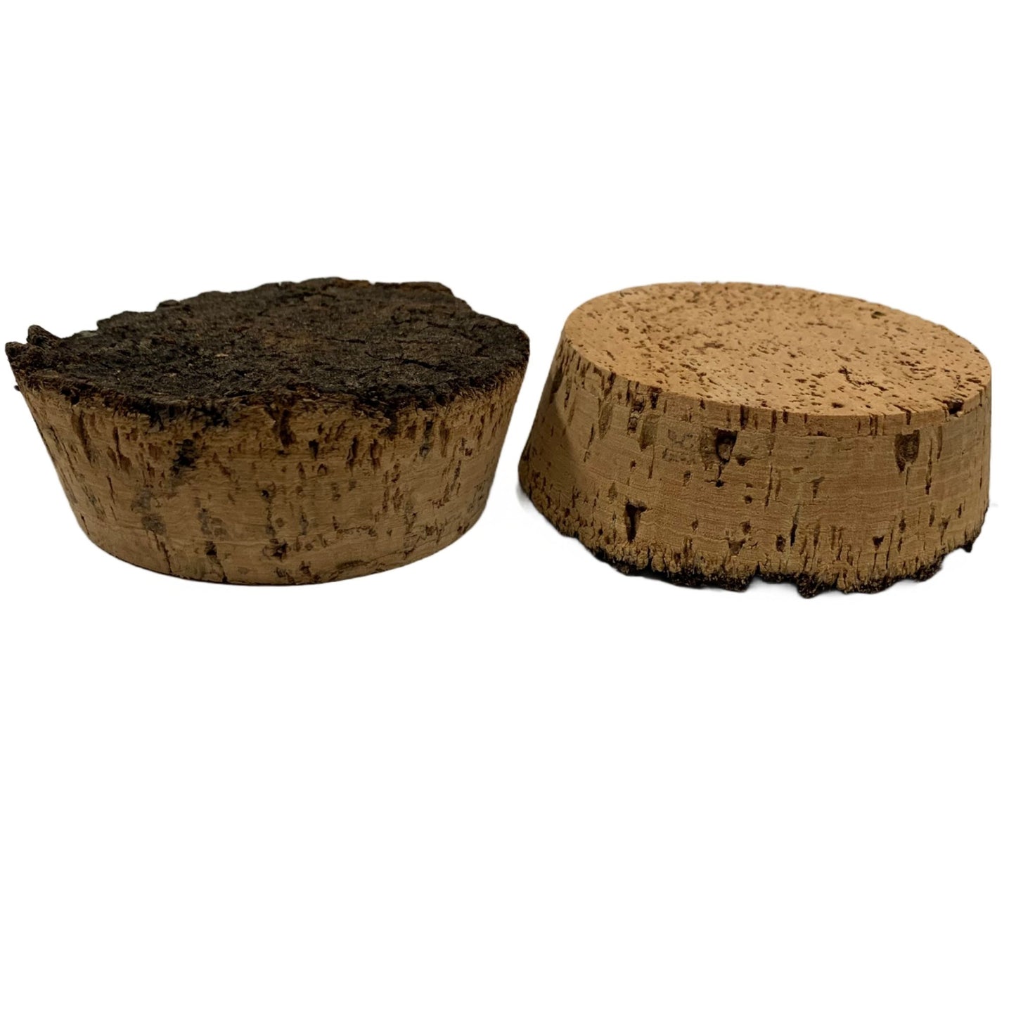 Two BT06 natural cork stoppers highlighting textured bark tops and solid cork bottoms and sides