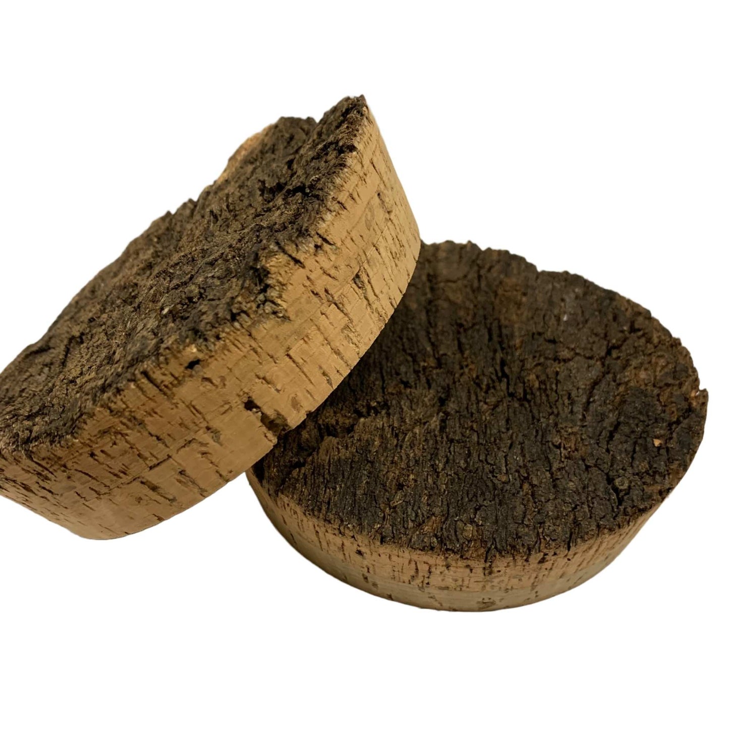Two rough top BT cork stoppers, BT09, showing the rough, natural bark texture on the top and the smooth cork for the tapered stem