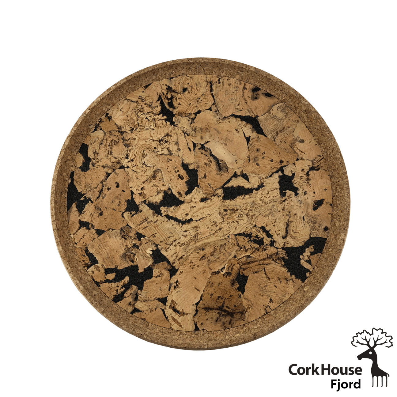 Overhead shot of the cork circular tray with a natural colored cork raised lip and a patterned cork base with black dyed cork contrasting the warm natural cork tones.