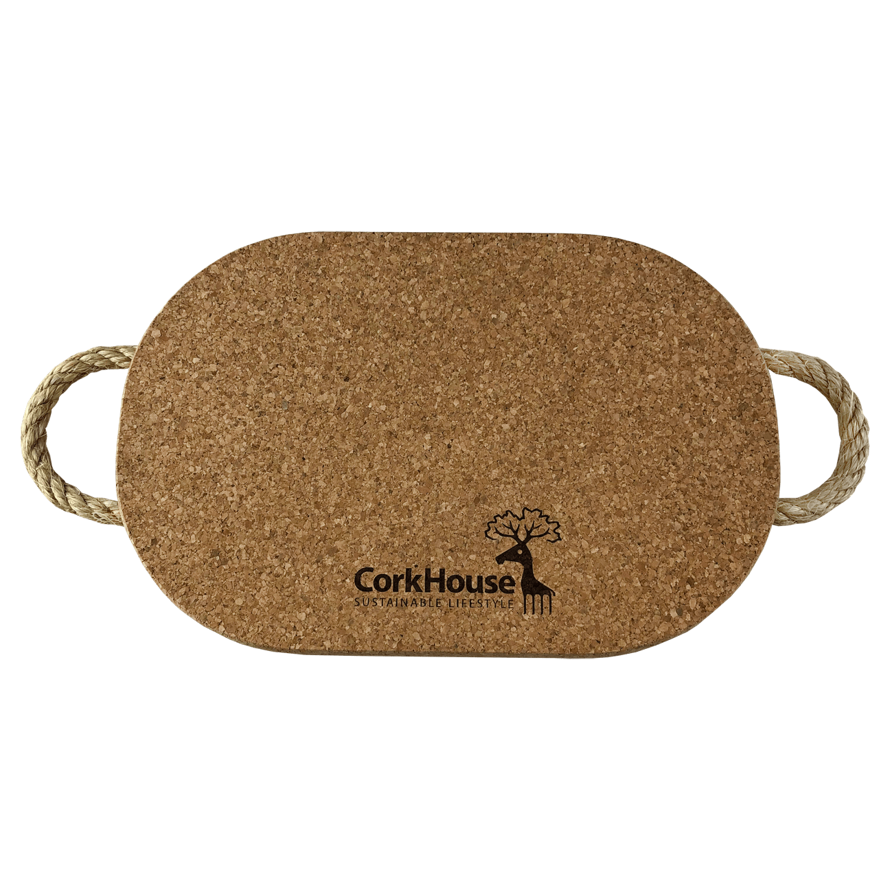 Oval Two-Handled Cork Trivet with "CorkHouse Sustainable Lifestyle" printed in black on the center bottom of the hot pad.