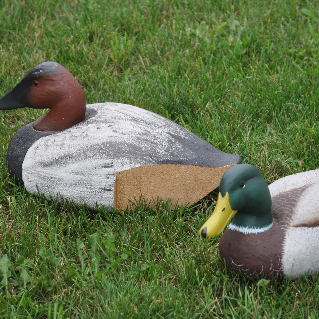 Two duck decoys carved from cork on a grassy field