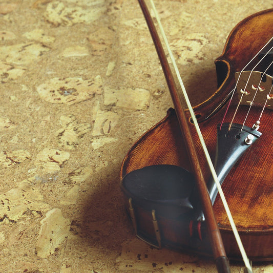 A violin and bow sitting on sierra cork flooring