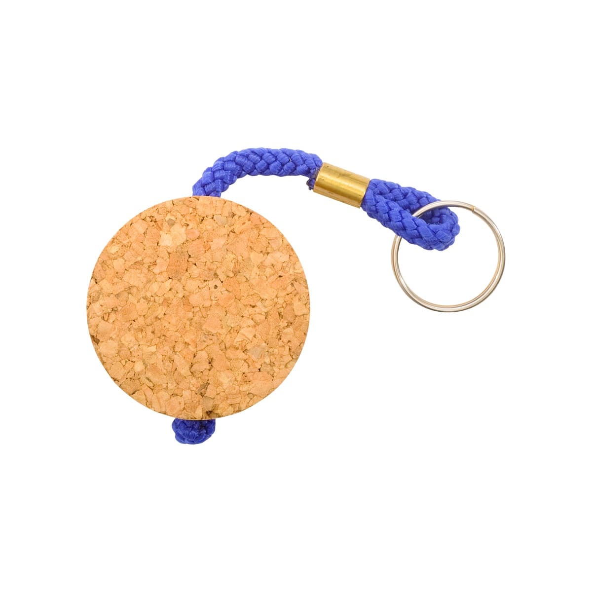 Top view of a circular cork keychain with blue rope on a white background