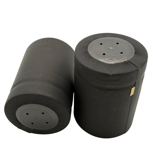 Matte black shrink caps with gold horizontal tear tab and closed cap close-up.
