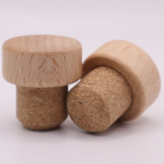 Natural wood cap stopper with cork stem - angled to see both the top and sides of the stopper