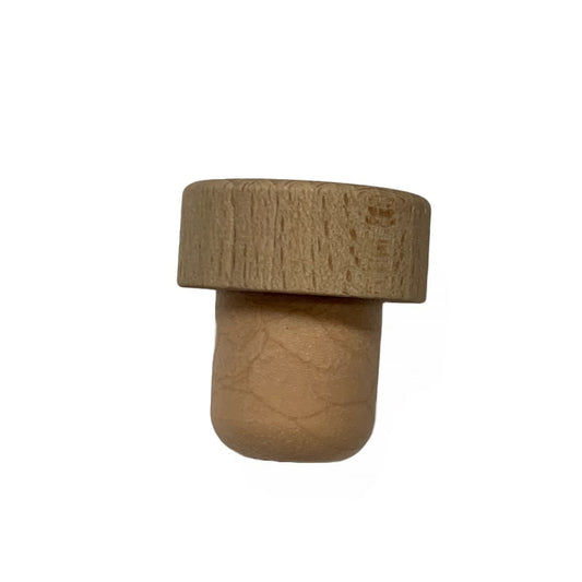 Natural wood cap stopper with synthetic cork stem