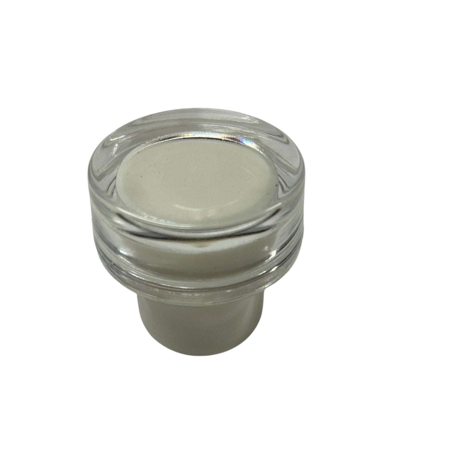 Clear acrylic bottle stopper with a clear acrylic top and a white synthetic cork stem