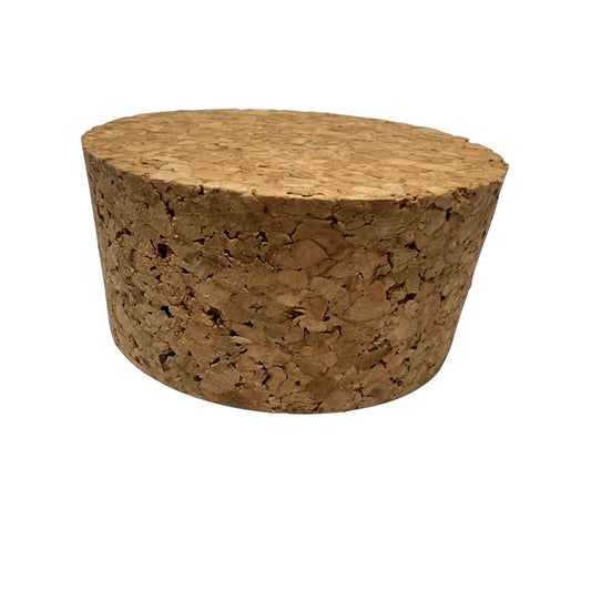 Close-up of top and side of a single agglomerate tapered cork stopper, size SL28