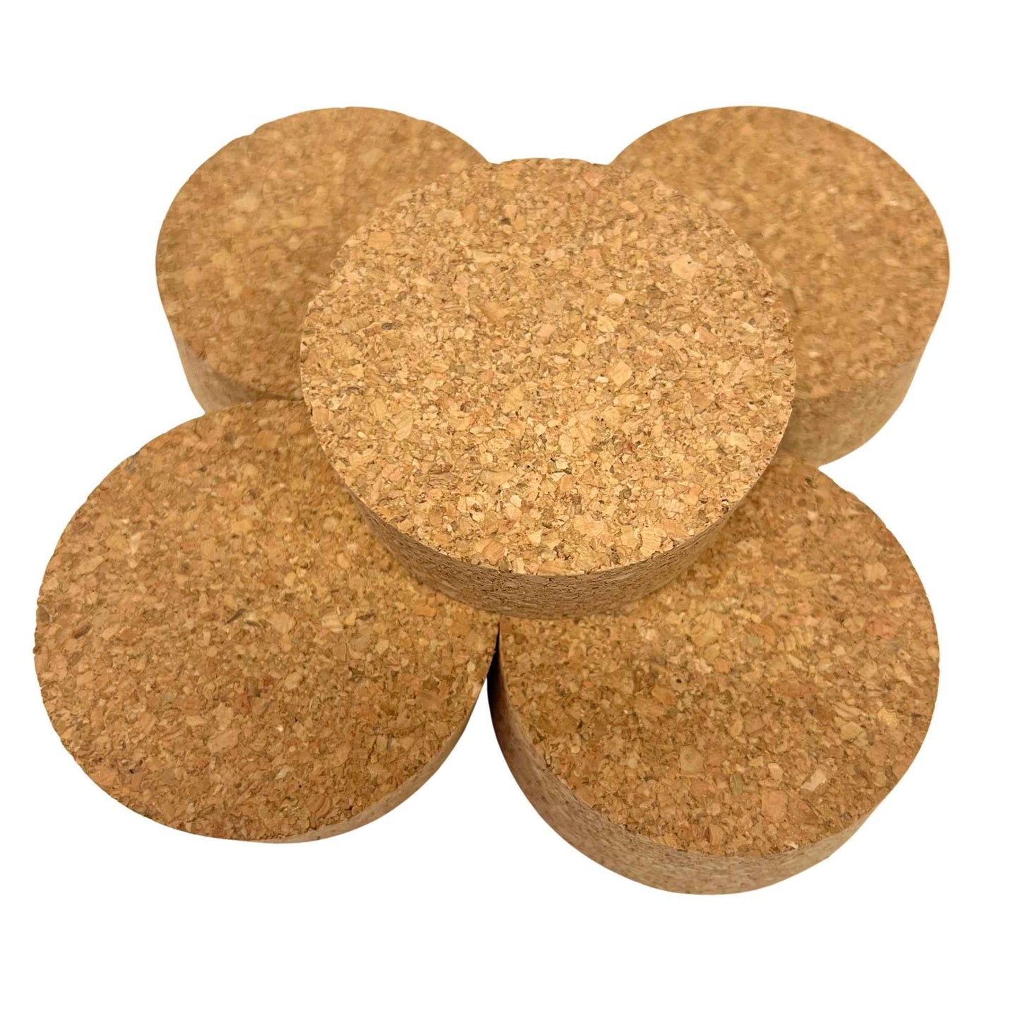 A stack of agglomerate short length tapered cork stoppers, size SL40