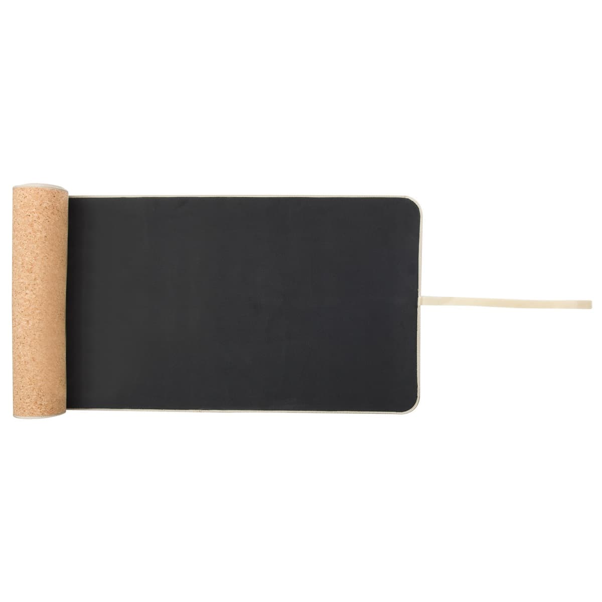 Partially unrolled cork yoga mat showing the back.