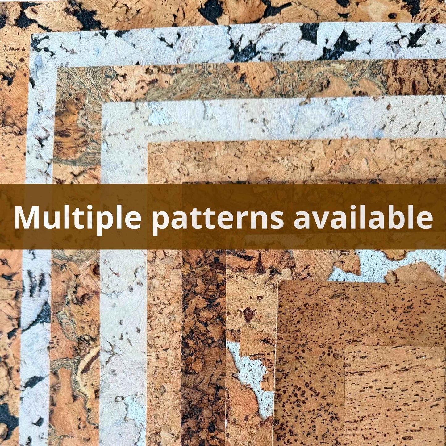 Collage of cork textures with a brown banner indicating 'Multiple patterns available'.