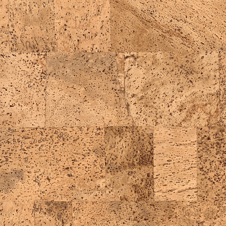 Close-up of harmony, Cork wall tile featuring a light but warm tan Cork patchwork pattern