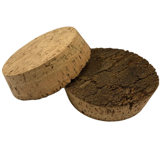Two BT08 natural cork stoppers showing textured bark tops with solid cork bottoms and sides