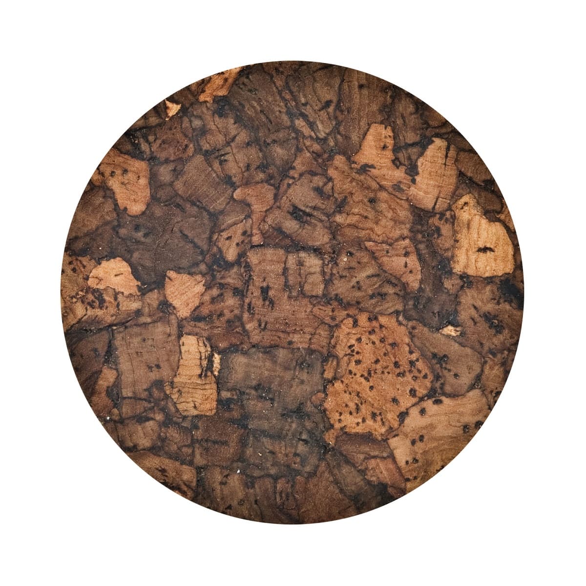 Round midnight cork coaster with a natural dark brown pattern on a white background