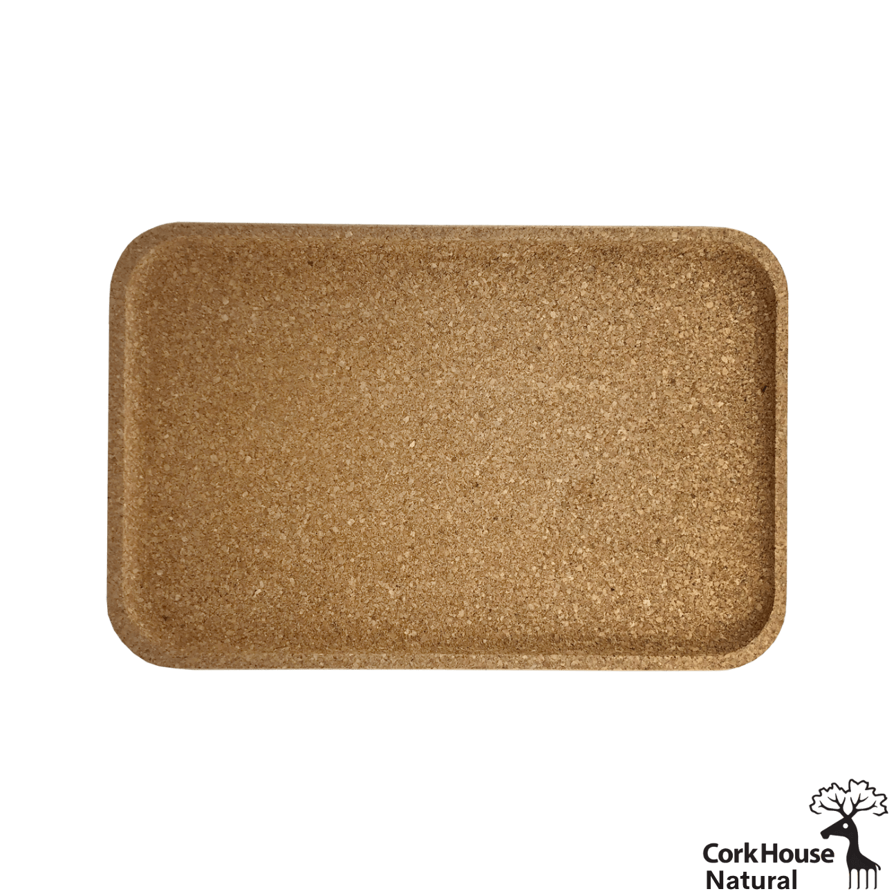 Rectangular cork serving tray with curved edges and a raised lip. View from overhead