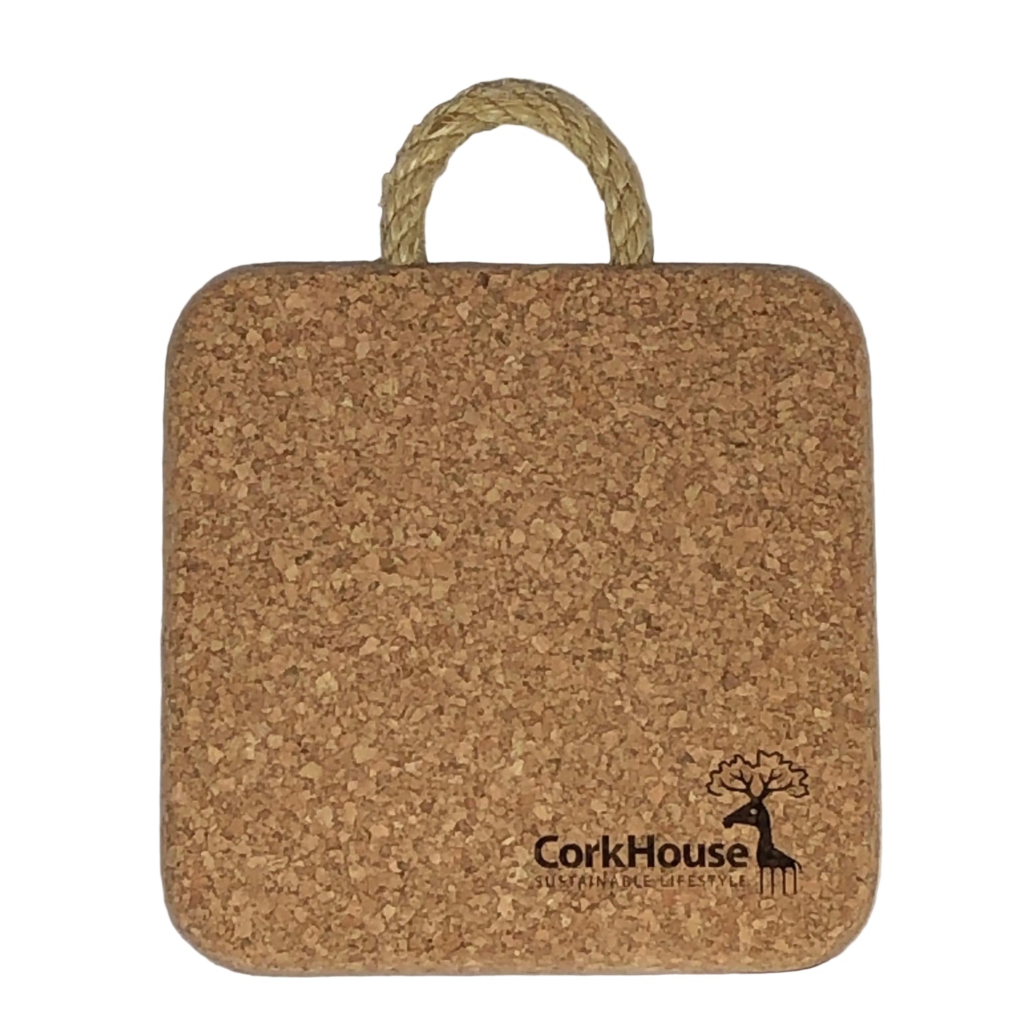 Large square cork trivet with corkhouse logo and rope handle 