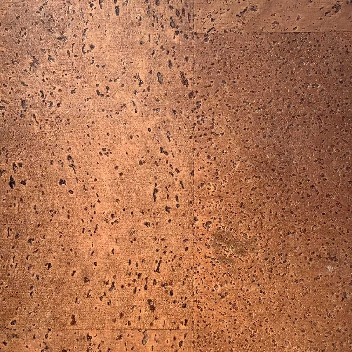 Close-up view of Harmony Brown Cork flooring featuring a rich brown bass color with darker brown natural speckles