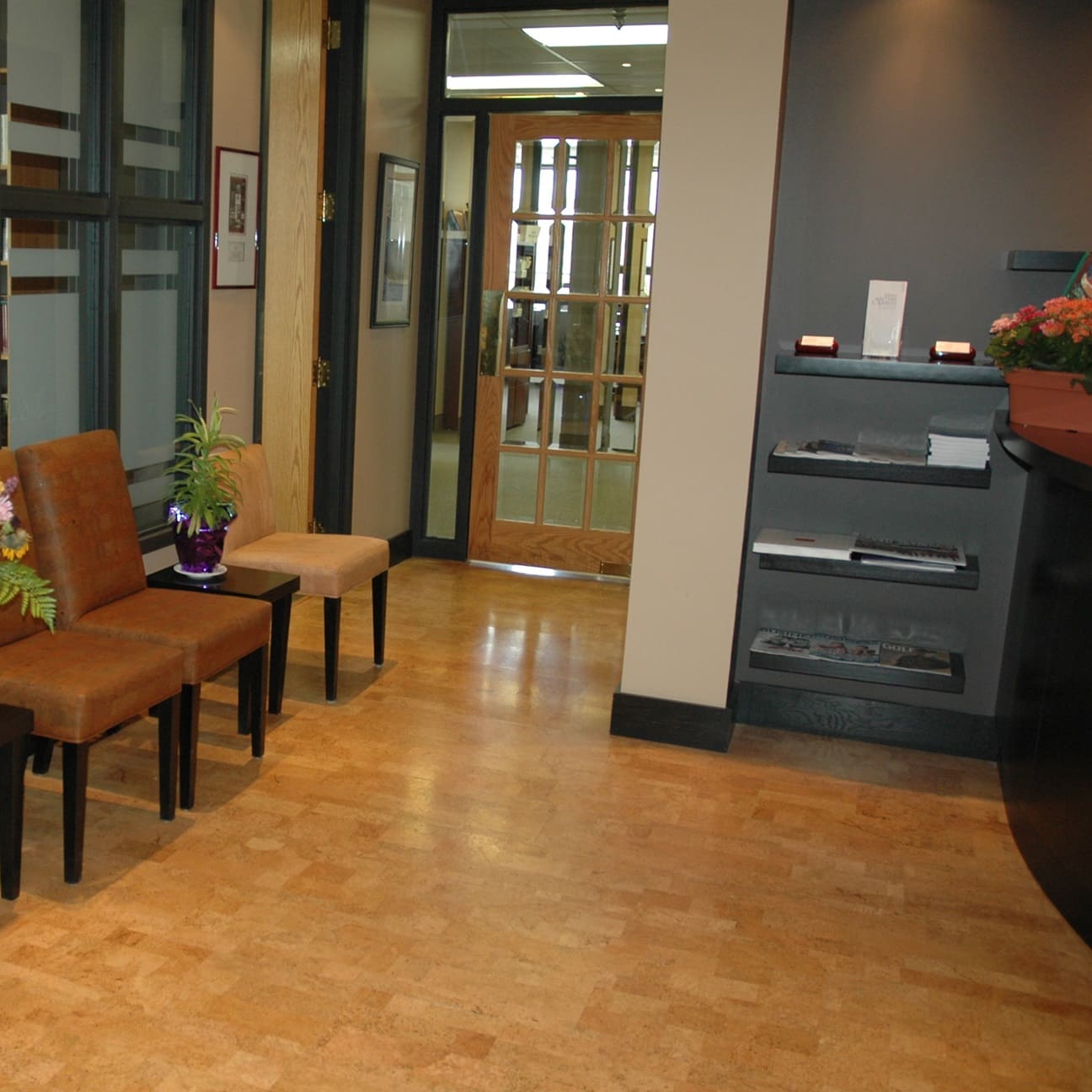Jelinek Harmony floating cork flooring installed in an office waiting room