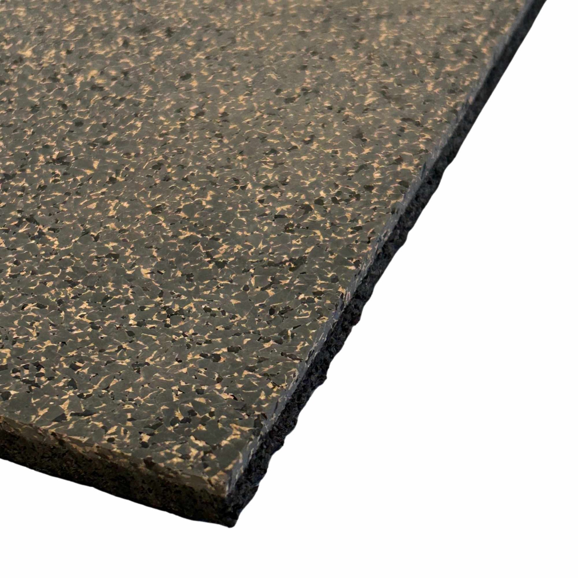 A close-up of a square rubber cork mat with a dark grey, brown and black speckled pattern, showing its textured surface and thickness against a white background.