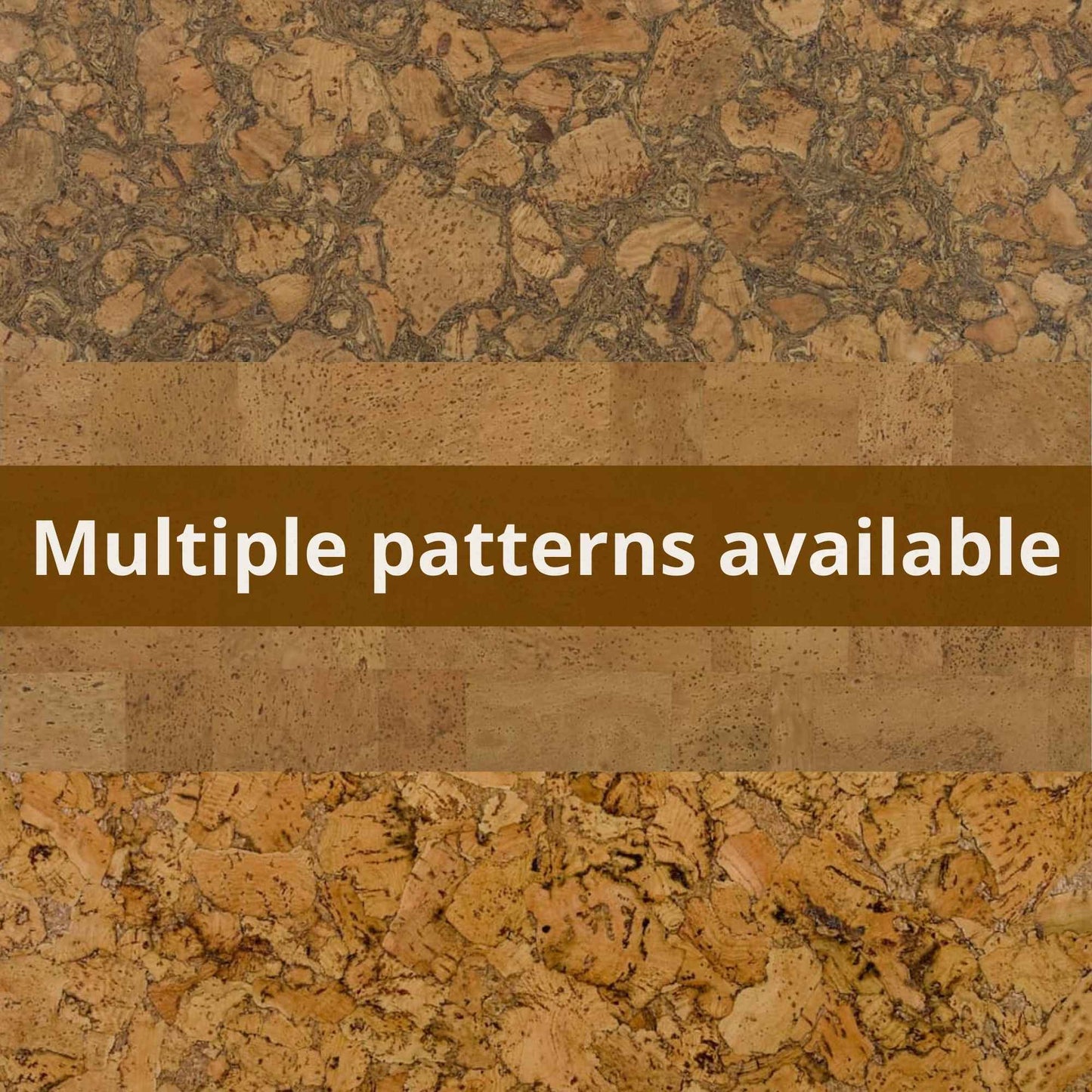 Jelinek standard 3mm cork wall tile patterns displayed showing multiple pattern options available. Top pattern: corkstone, middle pattern: harmony, bottom pattern: desert.