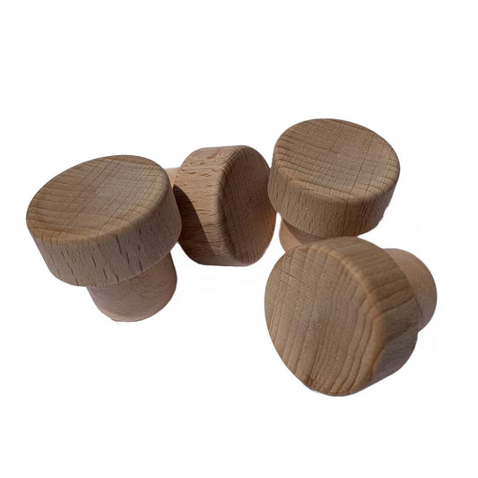 Natural wood cap bartop stoppers with synthetic cork stems - top view
