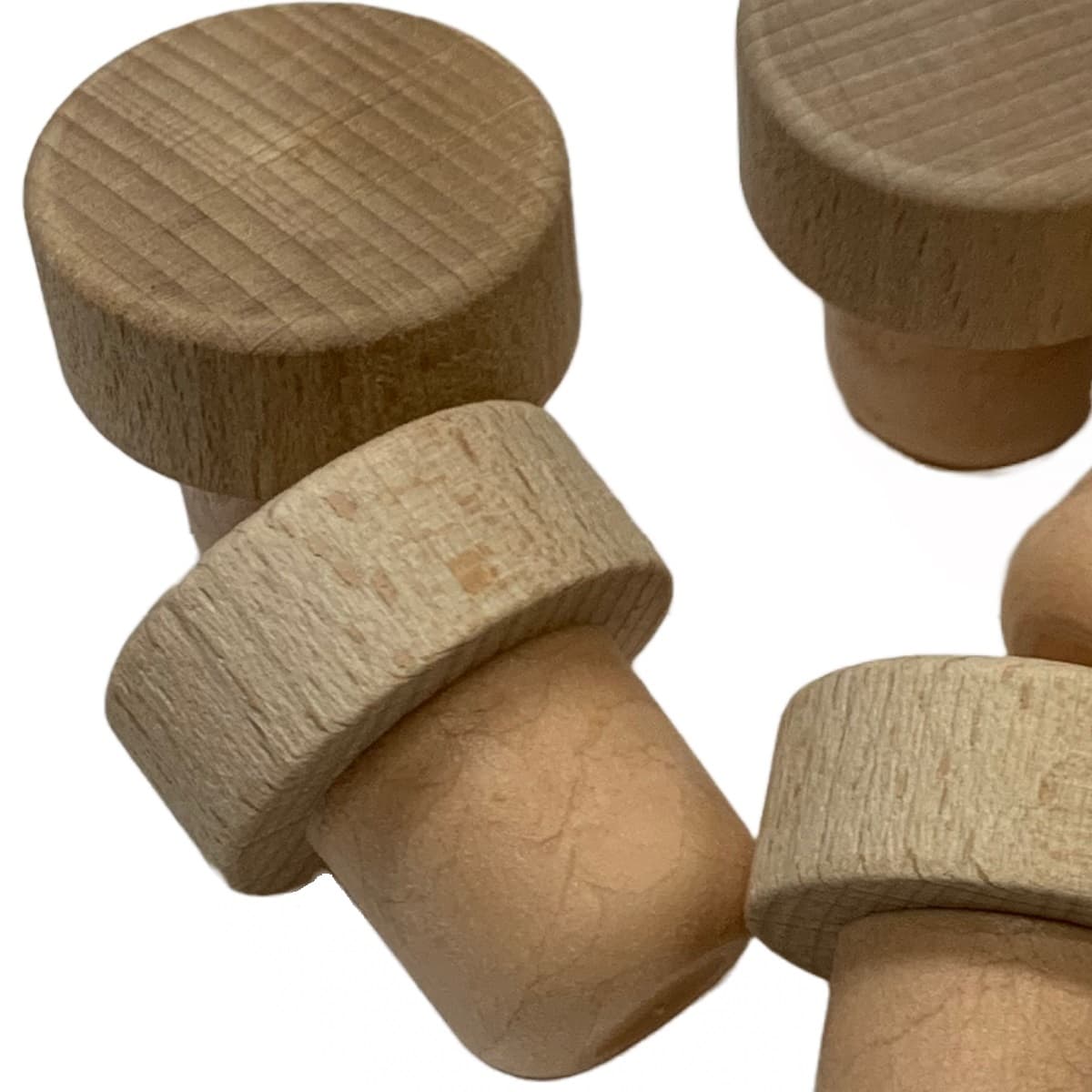 Natural wood cap stoppers with synthetic cork stems - closeup view