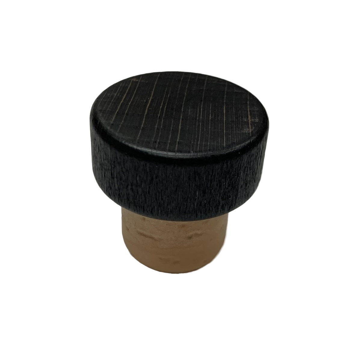 Black wood cap stopper with synthetic cork stem – angled view to show cap