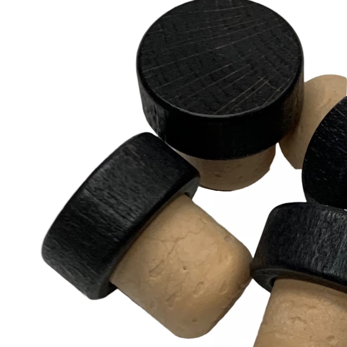 Black wood cap stopper with synthetic cork stem – closeup of cap and stem