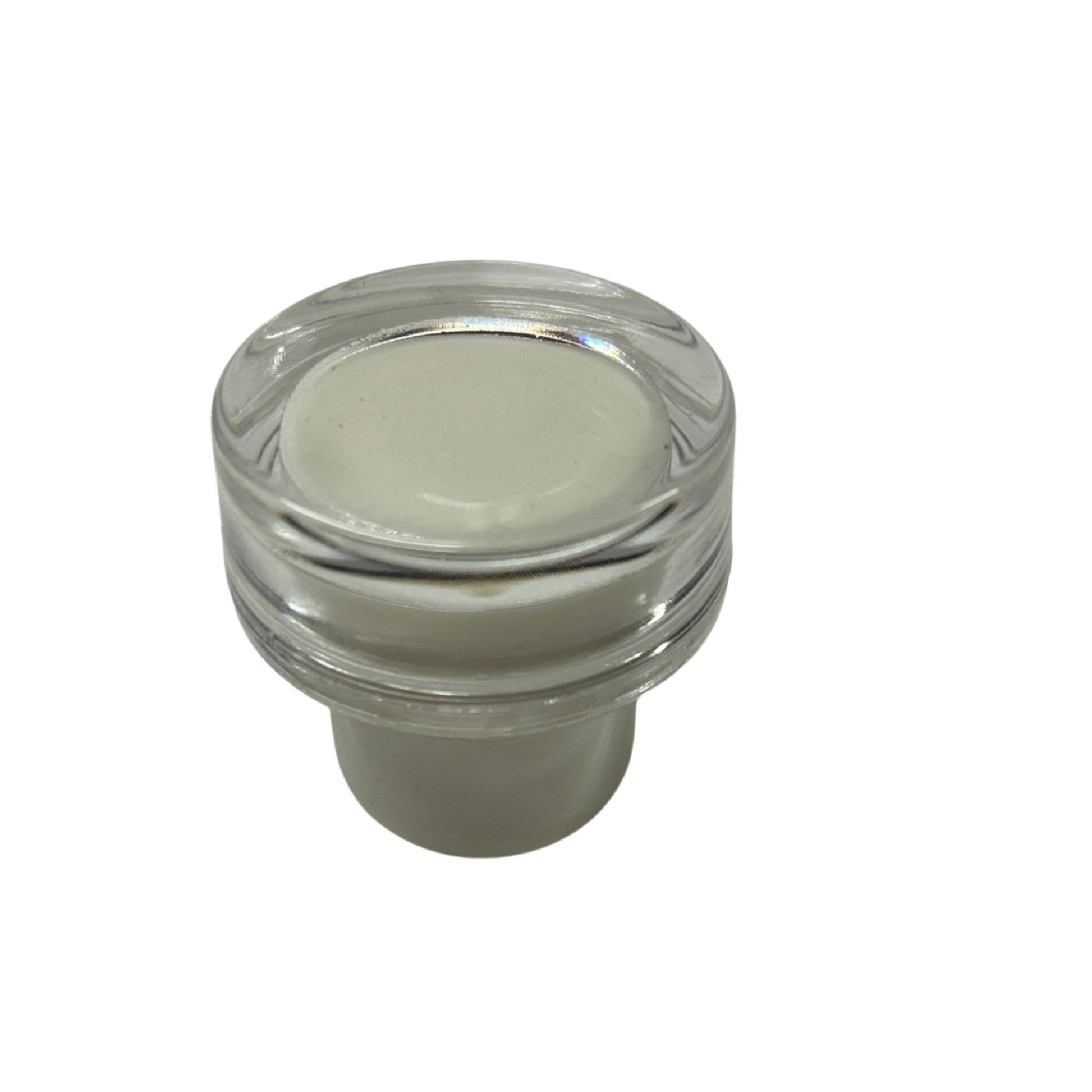 Clear acrylic bottle stopper with a clear acrylic top and a white synthetic cork stem