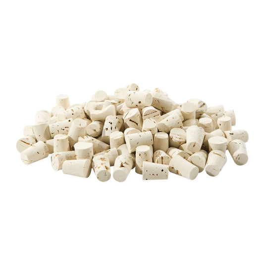 Pile of small tapered cork stoppers showing various angles of the RL cork plug.