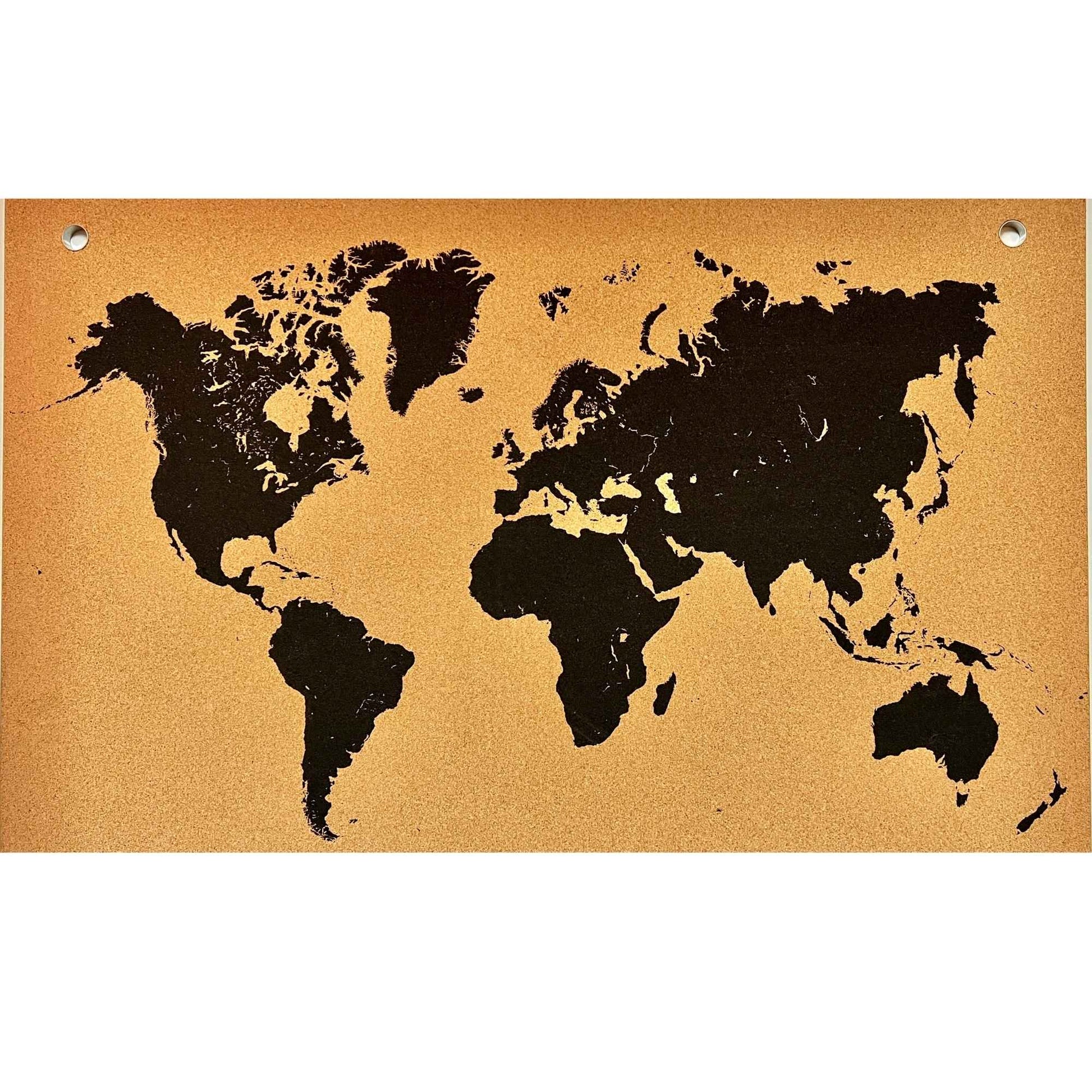 World map printed on a cork board in black ink