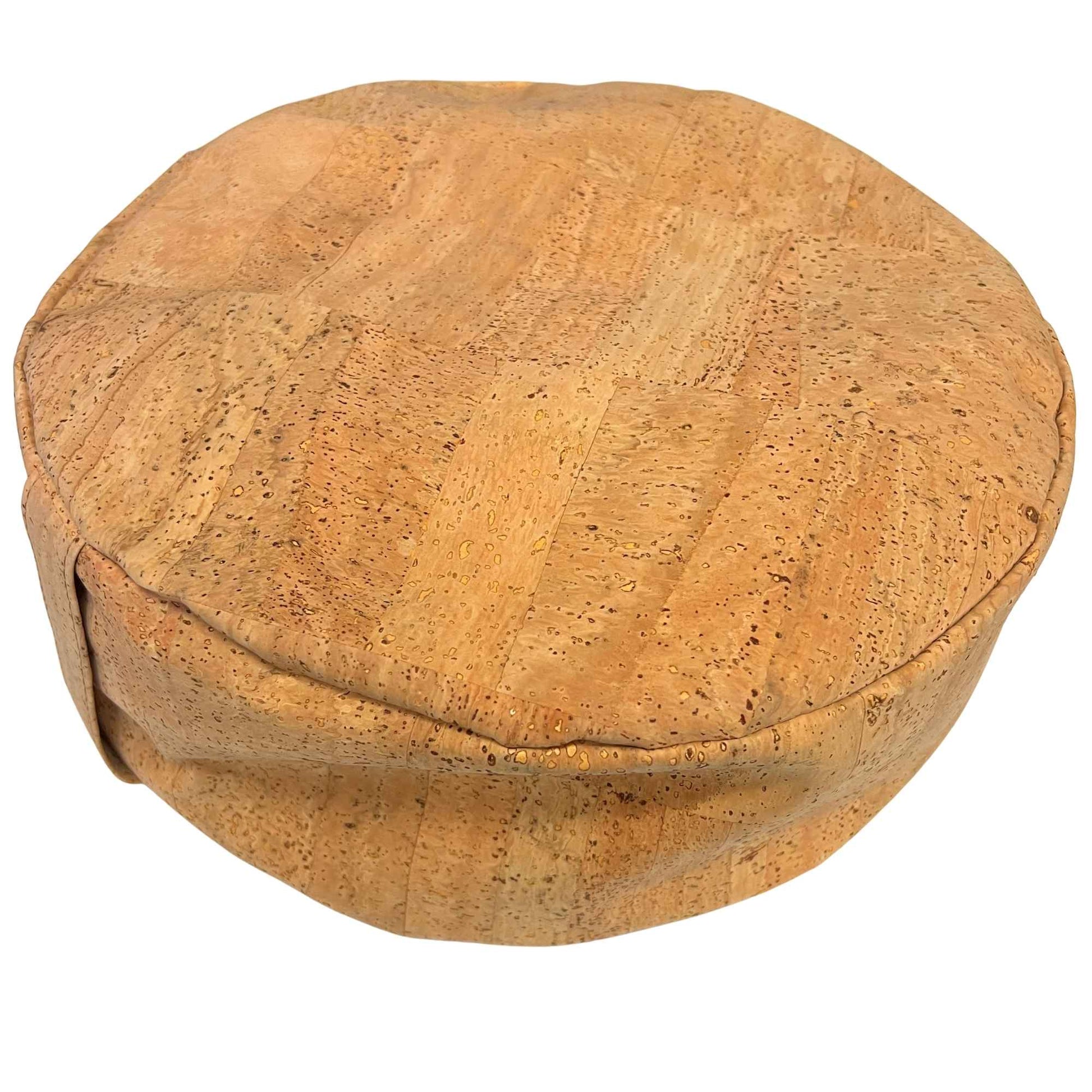 Round cork yoga cushion made using cork upholstery fabric