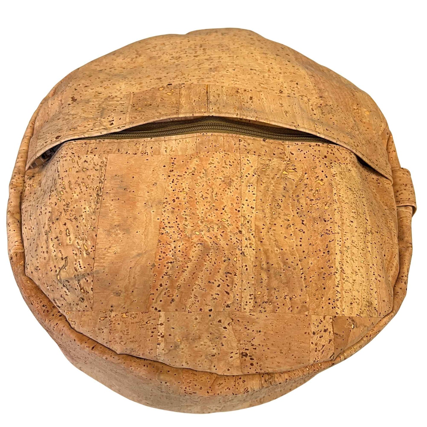 Round cork yoga pillow zipped closed, made with Harmony cork upholstery fabric.