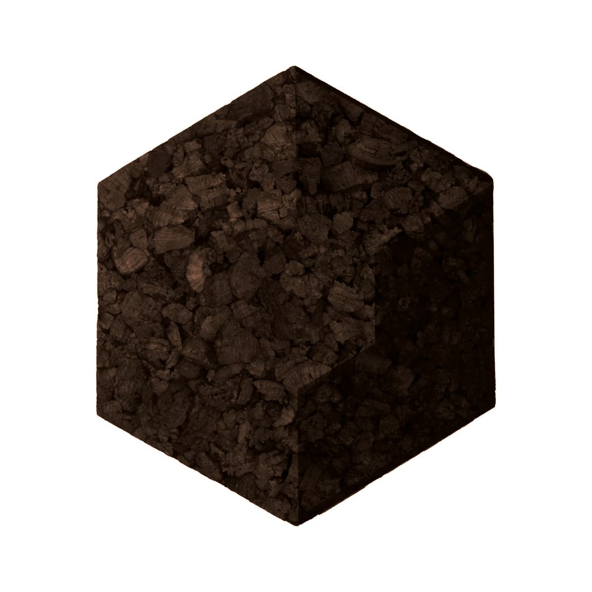 Hexagonal cork tile with a textured brown surface on a white background