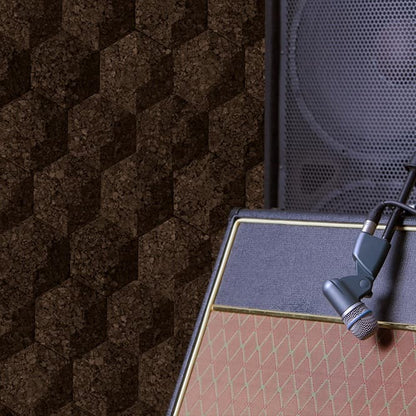 Dark brown hexagon acoustic contoured cork wall tiles in a recording studio with a microphone, music stand, and speaker.