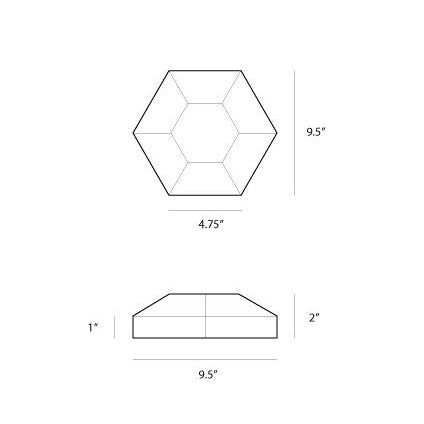 diagram of hexagon cork wall tile 9.5in total length, each side is 4.75in and epth of 1 to 2in.