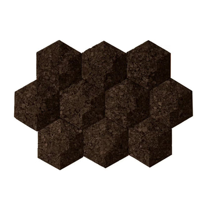 Hexagonal brown cork tiles arranged in a pattern on a white background