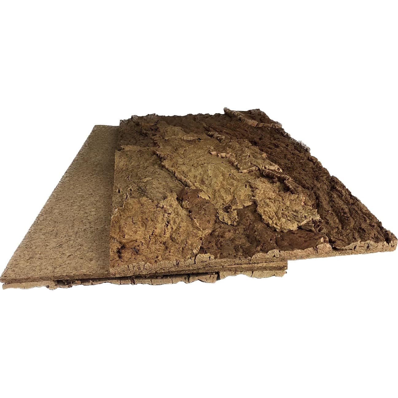Two Arizona Cork wall tiles on a white background, one showing the top one showing the back