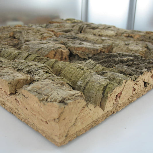 Closeup of the natural cork top wall tile, Colorado, to show texture, thickness and backing