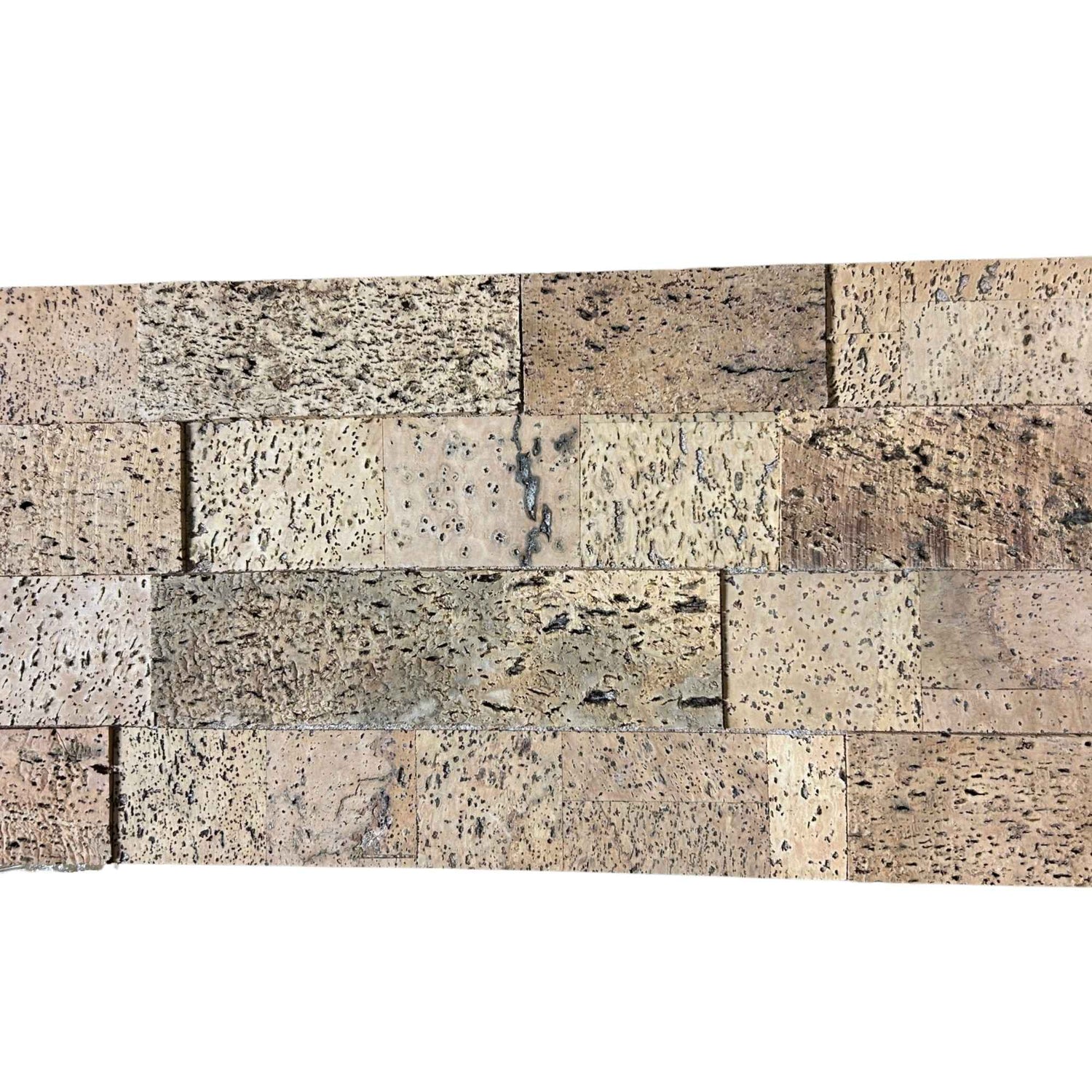 Patterned cork wall tiles featuring thick cork strips of varying thickness in natural tan cork tones 