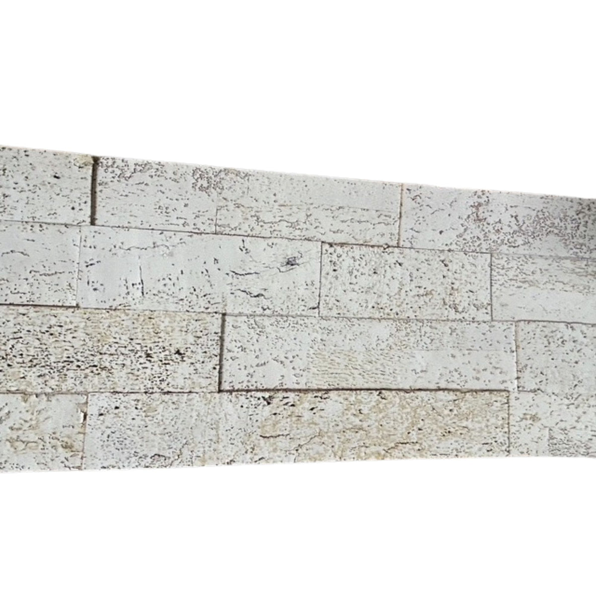 White washed cork wall tile comprised of textured cork strips of various thicknesses