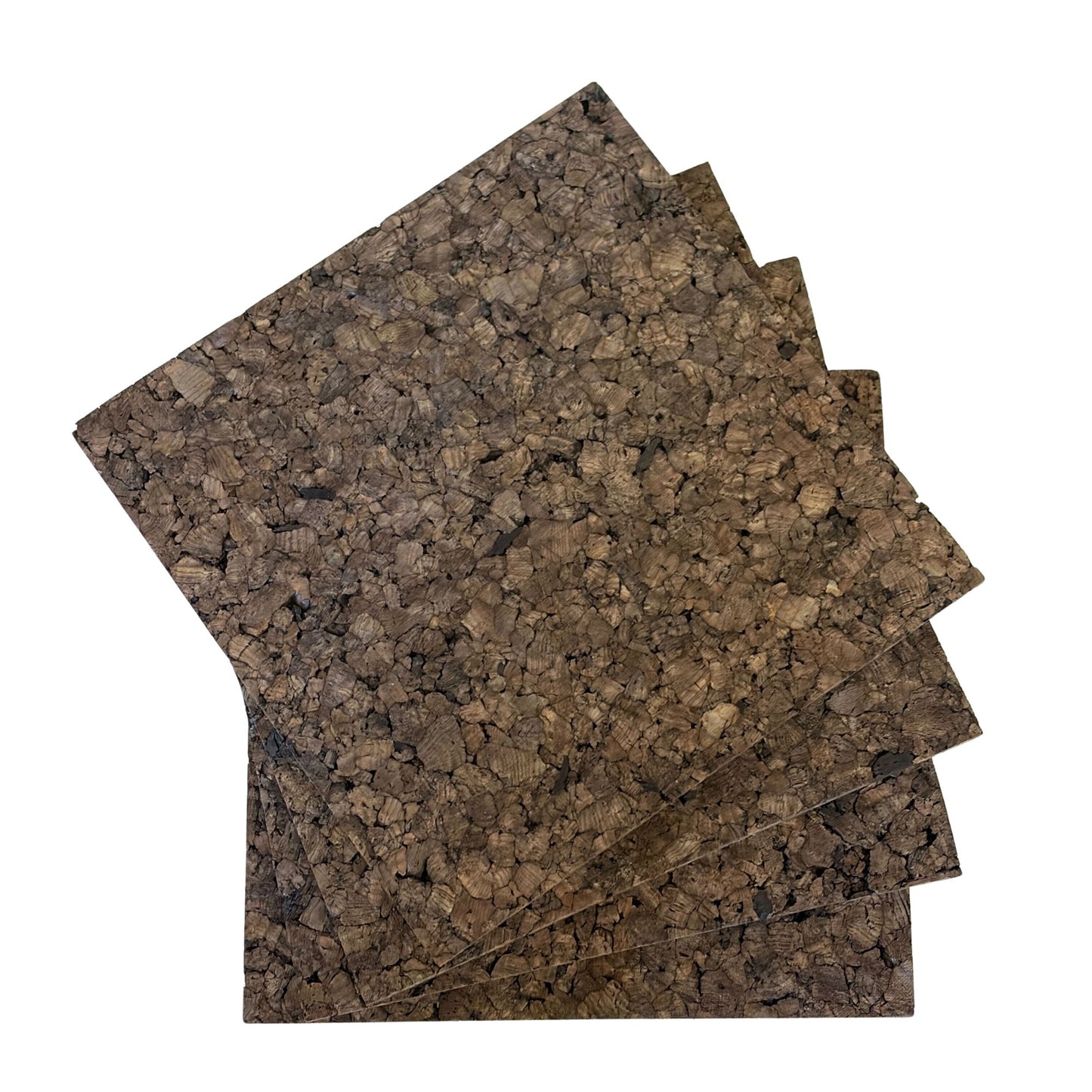 Four dark cork insulation tiles fanned out to show quantity, natural texture, and deep brown color