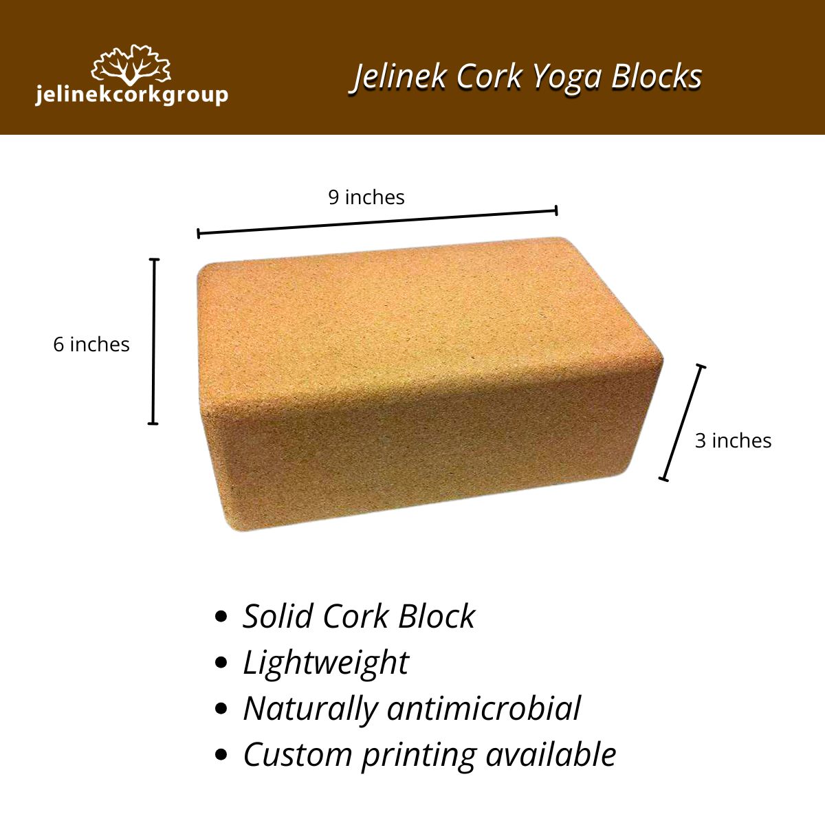 A cork yoga block shown on a white background with dimension labels indicating 9 inches by 6 inches by 3 inches. The image includes the brand name Jelinek Cork Yoga Blocks at the top and a list of product features at the bottom.