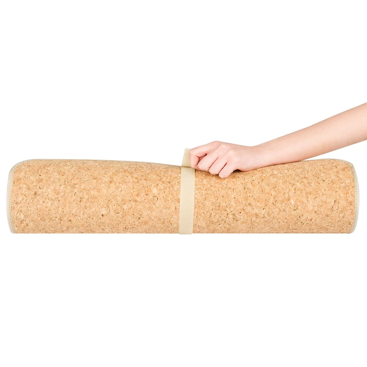 Cork yoga mat held by a hand.