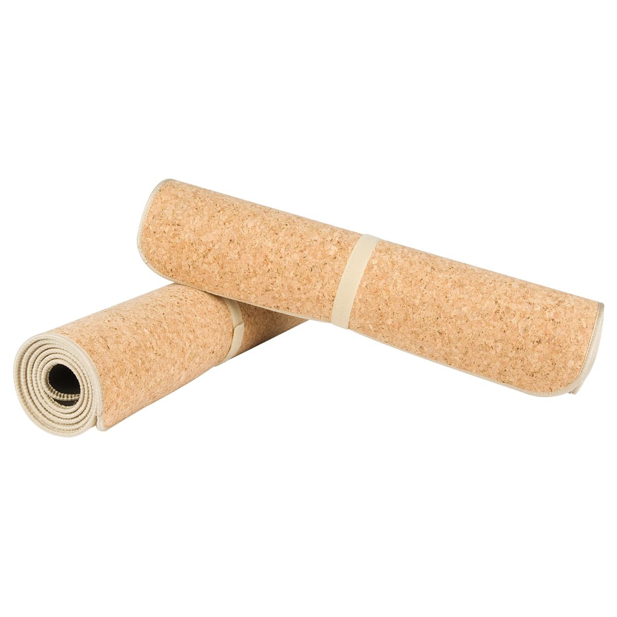 Two rolled-up cork exercise mats.