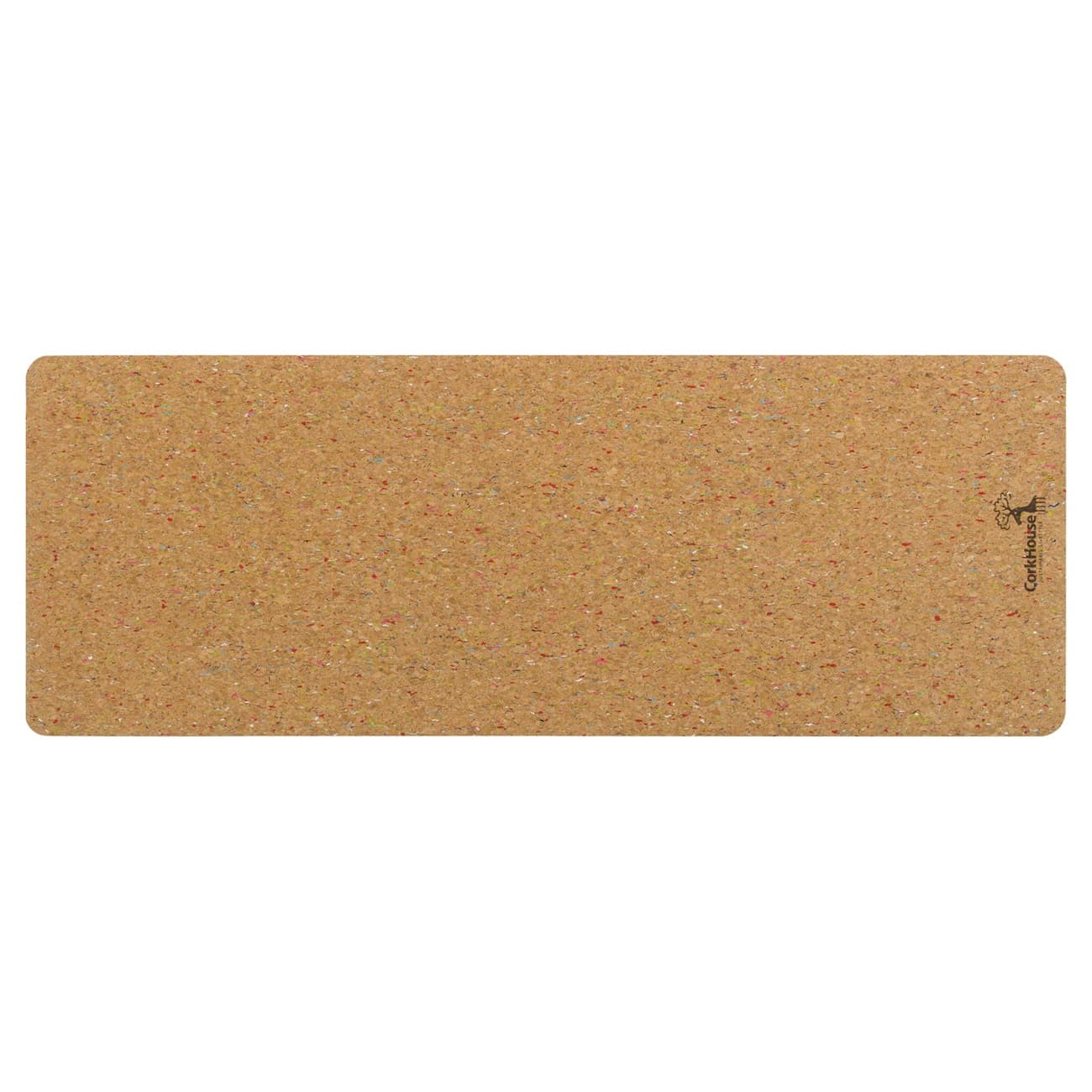 Cork yoga mat rolled out to show the confetti colors  throughout the natural cork surface. 