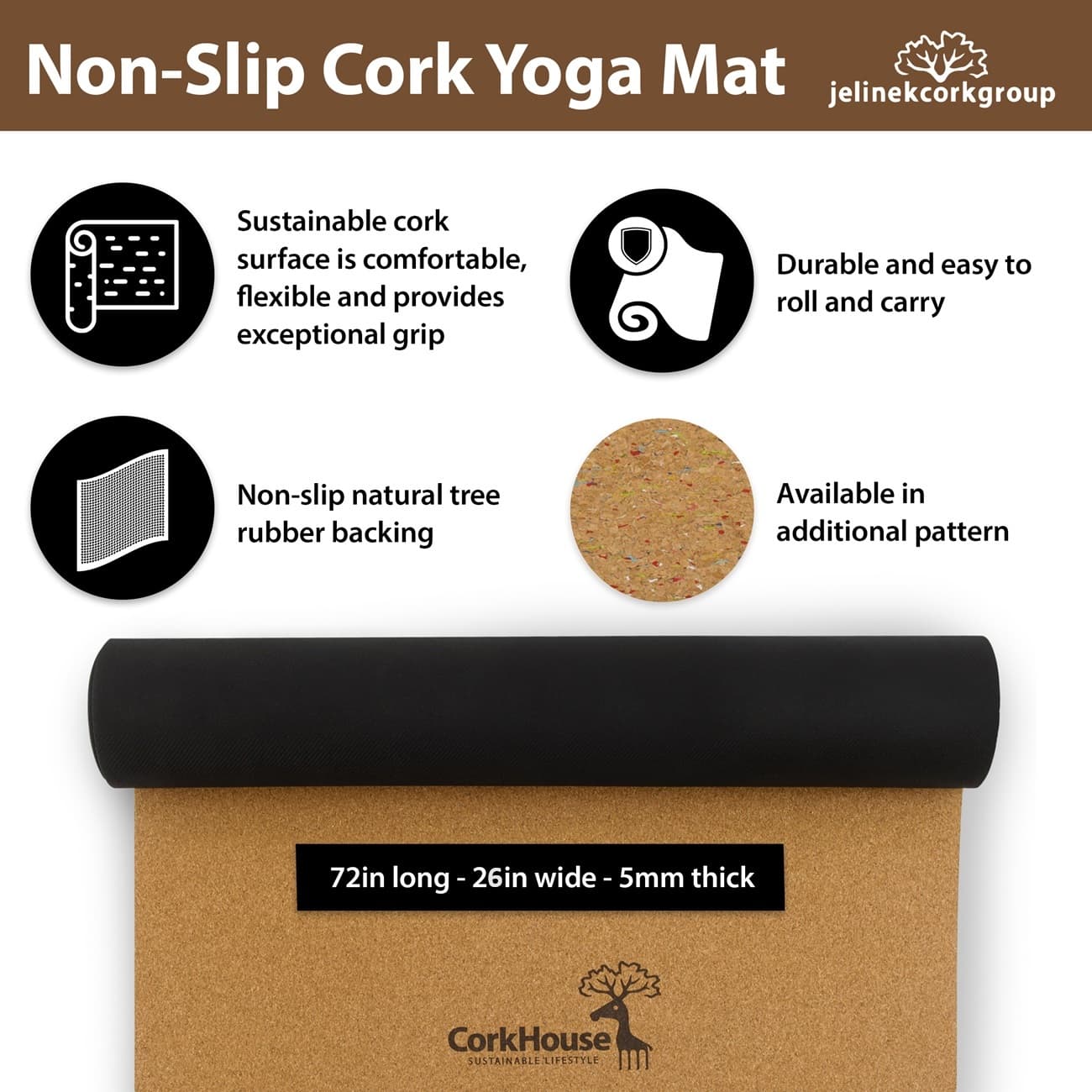 Infographic explaining the benefits of the cork yoga mat with natural rubber backing.
