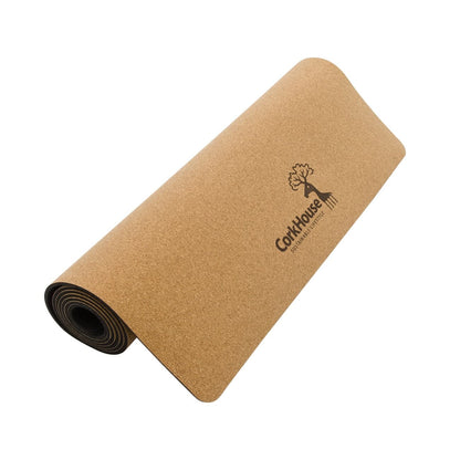 Cork yoga mat rolled up and showing the surface and the CorkHouse logo.